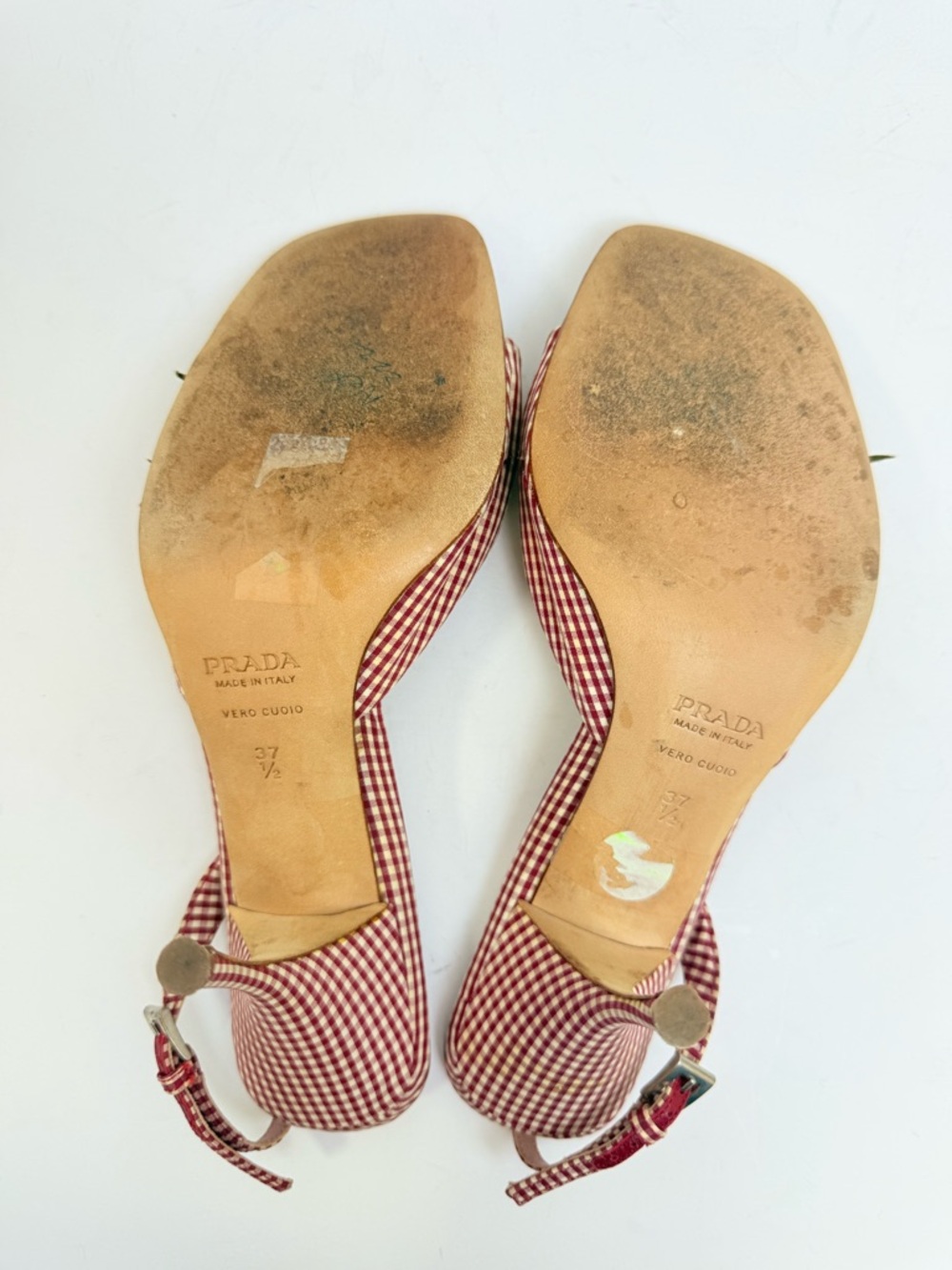 Prada Vintage 2000s Gingham Floral Appliqué Slingback Heels 37.5 Red Kitten Heel - Picture 7 of 10